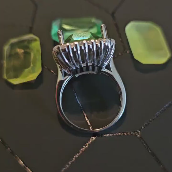 Uranium Glass Emerald cut Halo style ring in size 7, new Sterling Silver with vintage Uranium glass stone that glows under black / UV light
