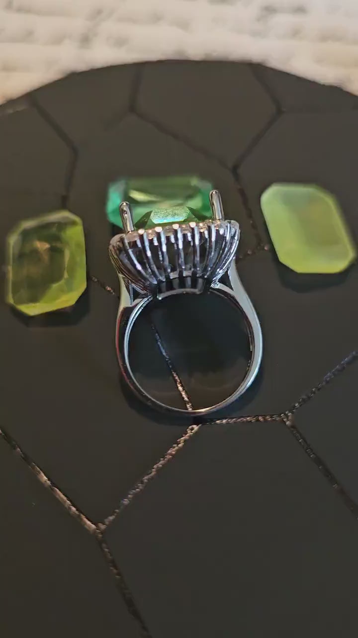Uranium Glass Emerald cut Halo style ring in size 7, new Sterling Silver with vintage Uranium glass stone that glows under black / UV light