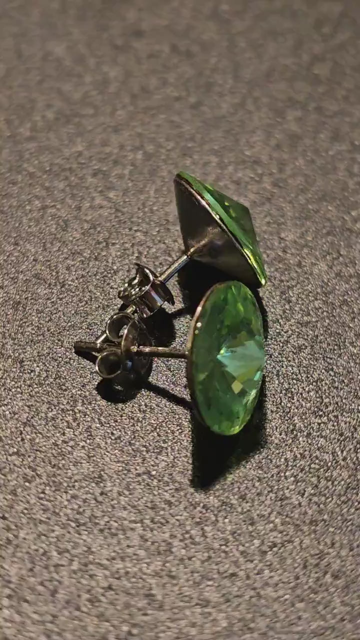 Uranium Glass Earrings in new Sterling Silver with Vintage 12 mm Round cut Rivolis cut Uranium Glass stones, that glow under black/UV light