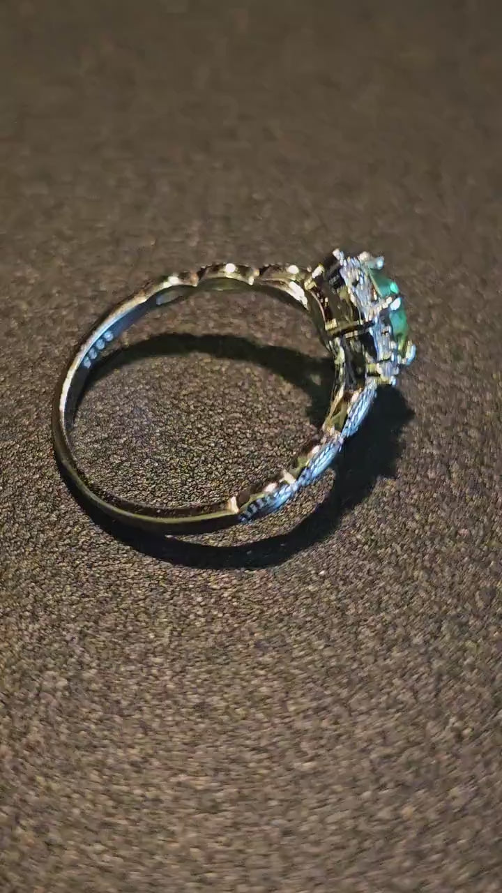 Uranium Glass Emerald cut Ring size 5 to 12 new Silver plated with a vintage 7x5 mm Uranium glass stone that glows under black/UV light