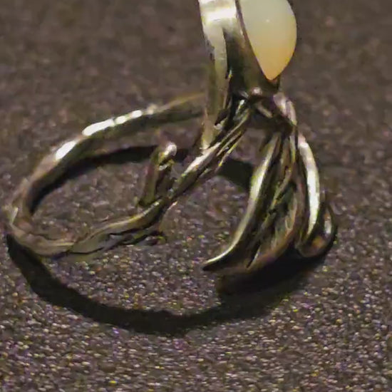 Uranium Glass Adjustable Ring in Sterling Silver Leaf and Branch design with vintage Uranium glass round stone glows under black / UV light