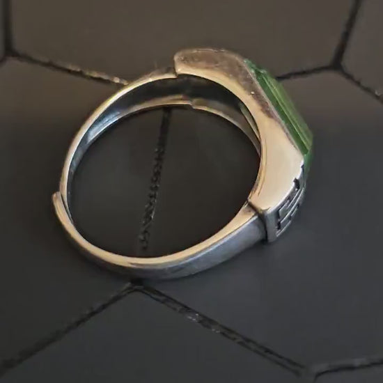 Uranium Glass Adjustable Ring new Sterling Silver Czechoslovakian 13x6 mm Uranium glass Emerald cut stone that glows under black / UV light
