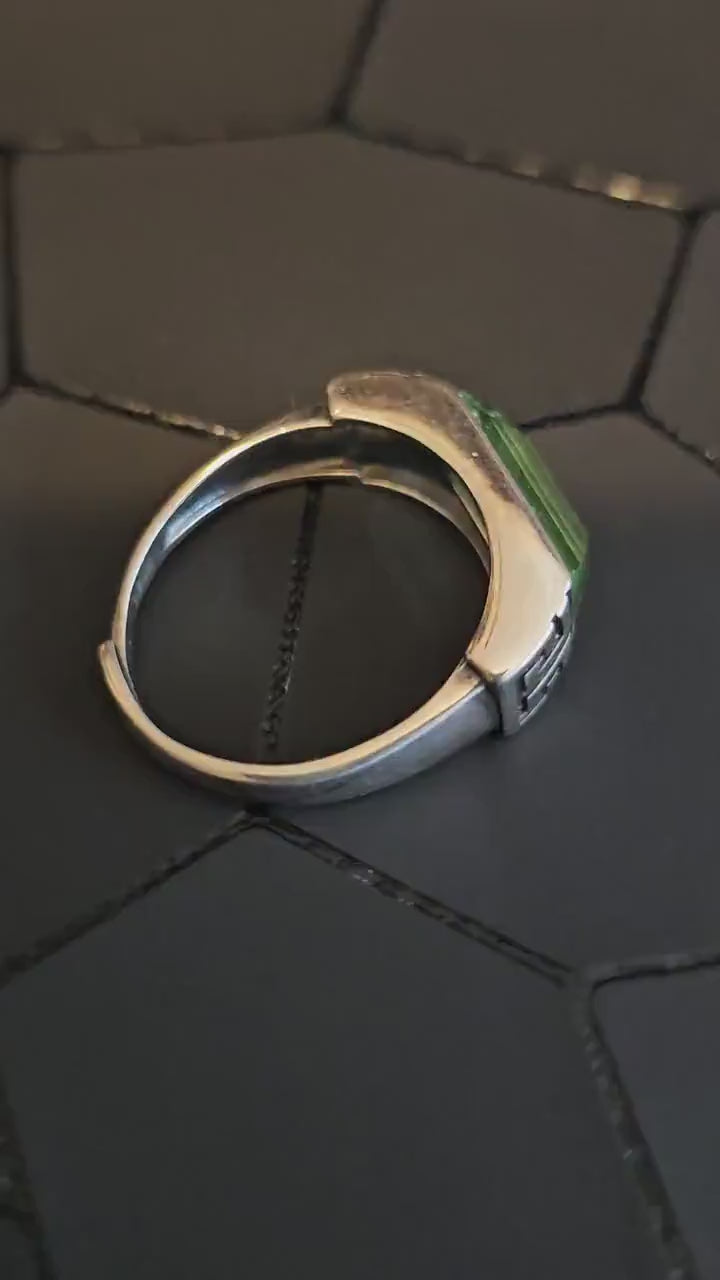 Uranium Glass Adjustable Ring new Sterling Silver Czechoslovakian 13x6 mm Uranium glass Emerald cut stone that glows under black / UV light