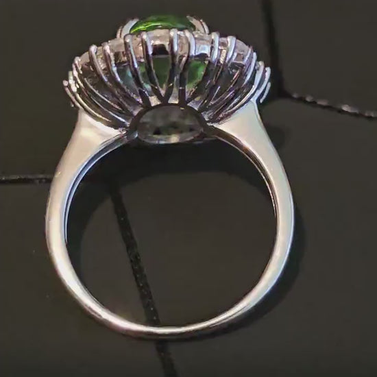 Uranium Glass Oval cut Ring double Halo style size 7 with a vintage Uranium glass 12x8 mm Oval cut stone that glows under black / UV light