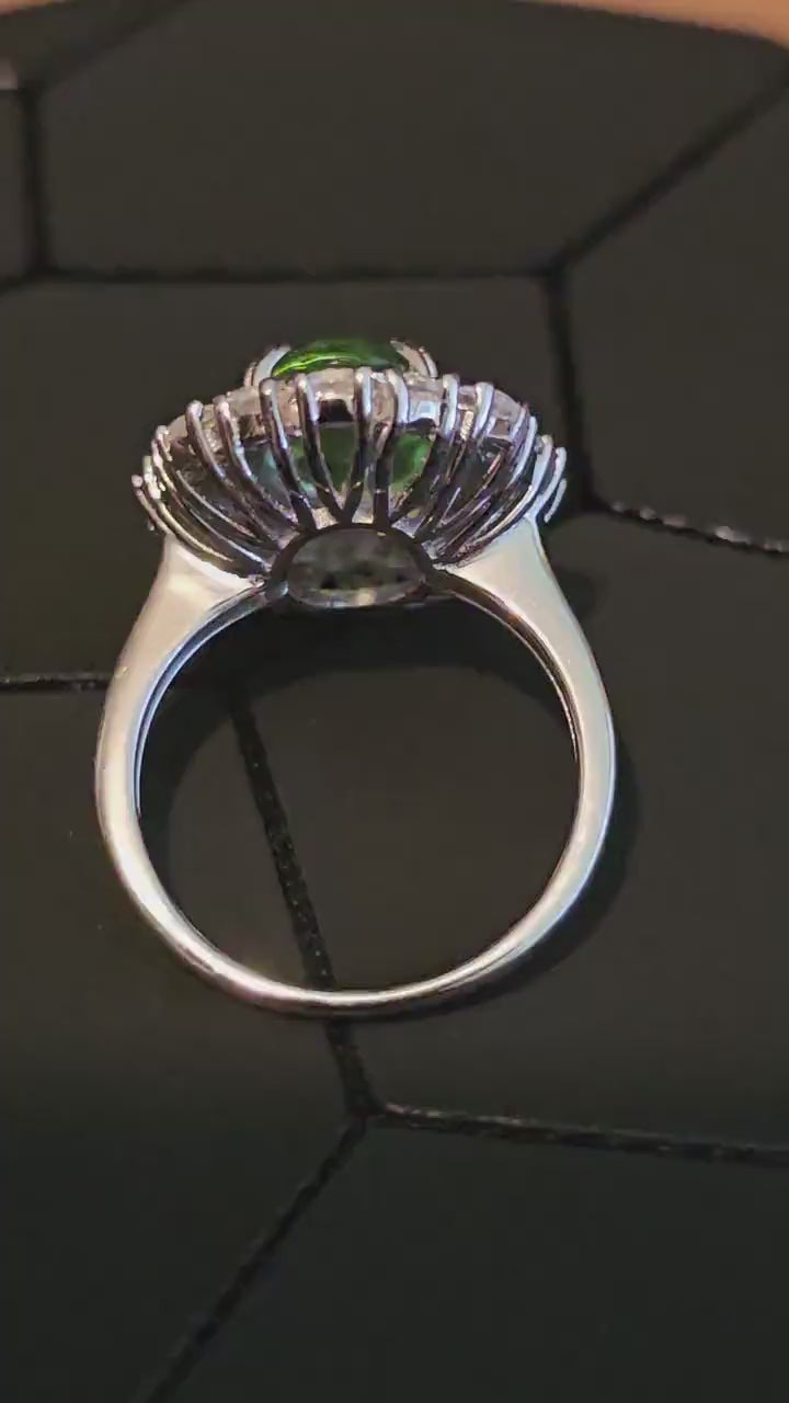 Uranium Glass Oval cut Ring double Halo style size 7 with a vintage Uranium glass 12x8 mm Oval cut stone that glows under black / UV light