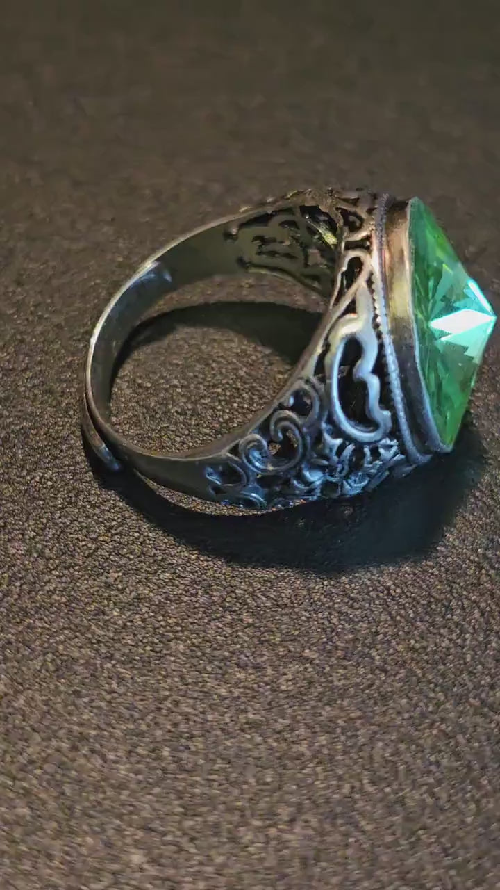 Uranium Glass Men Ring Adjustable with a large 18 mm vintage Uranium glass Rivolis style Round cut stone that glows under black/UV light