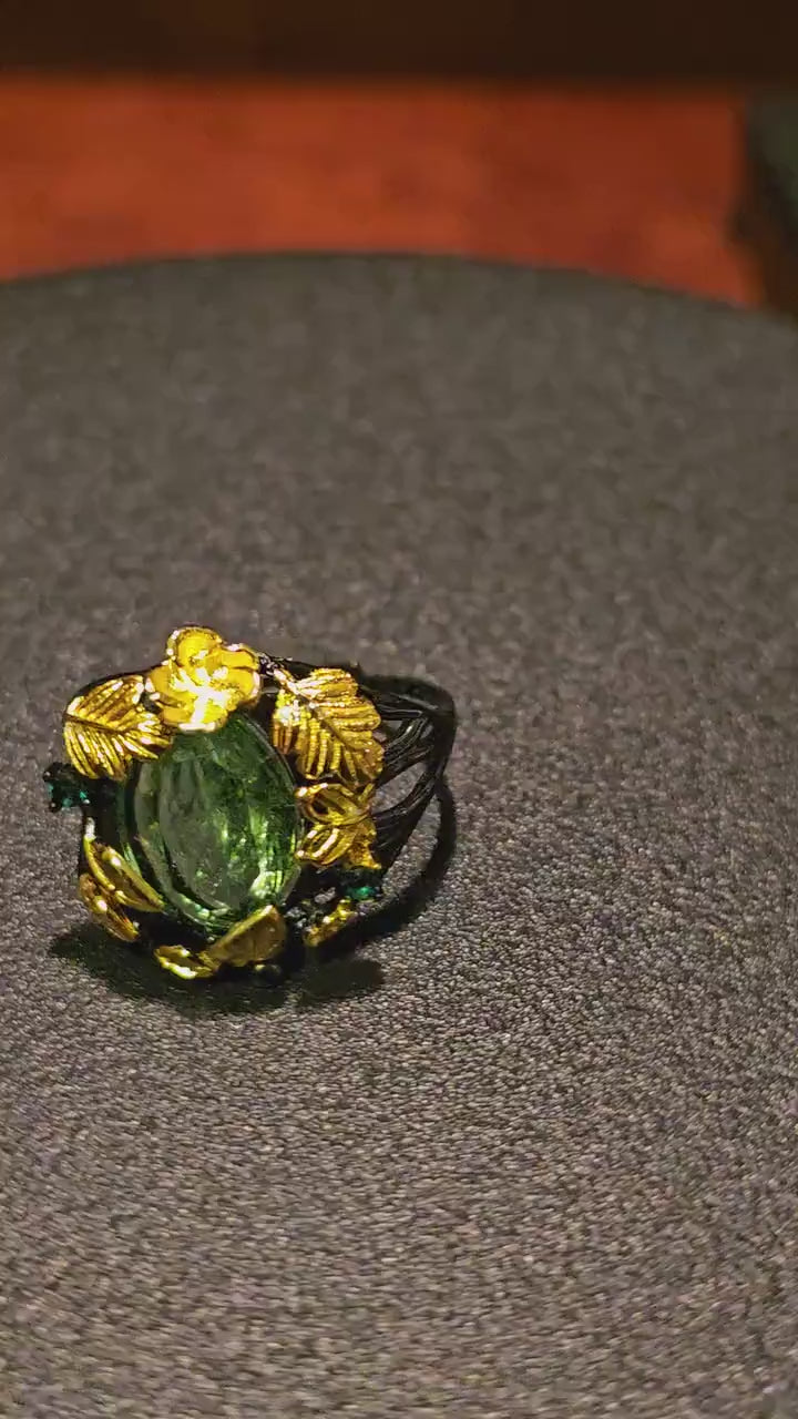 Uranium Glass Adjustable Ring in new Sterling Silver Italian style with large vintage Uranium glass Oval stone glows under black / UV light