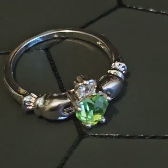 Uranium Glass Heart cut Claddagh Ring size 6 to 10 new Sterling Silver with a vintage Uranium glass stone that glows under black/UV light