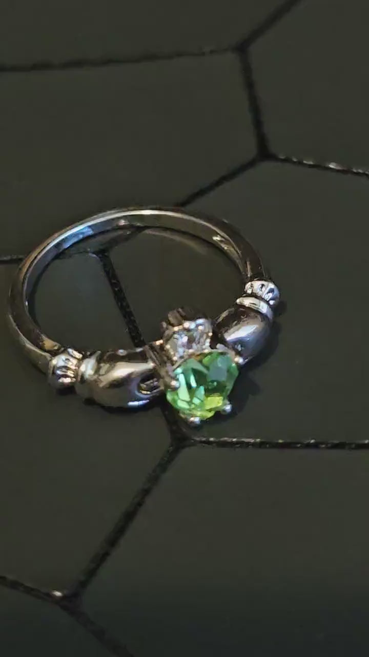 Uranium Glass Heart cut Claddagh Ring size 6 to 10 new Sterling Silver with a vintage Uranium glass stone that glows under black/UV light
