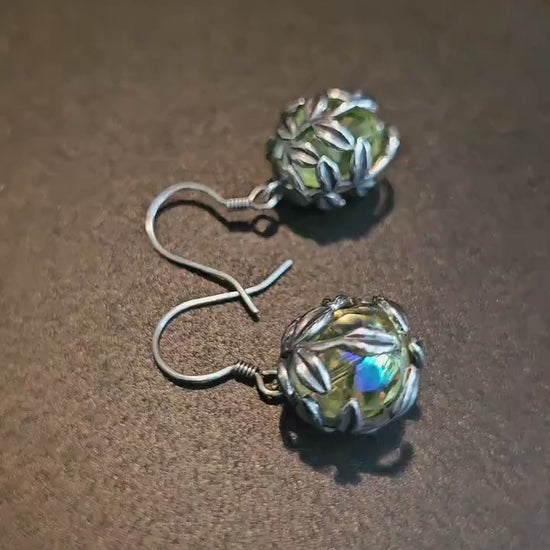 Uranium Glass Earrings new Sterling Silver with large vintage round cut Yellow or Green Uranium Glass beads that glow under black / UV light