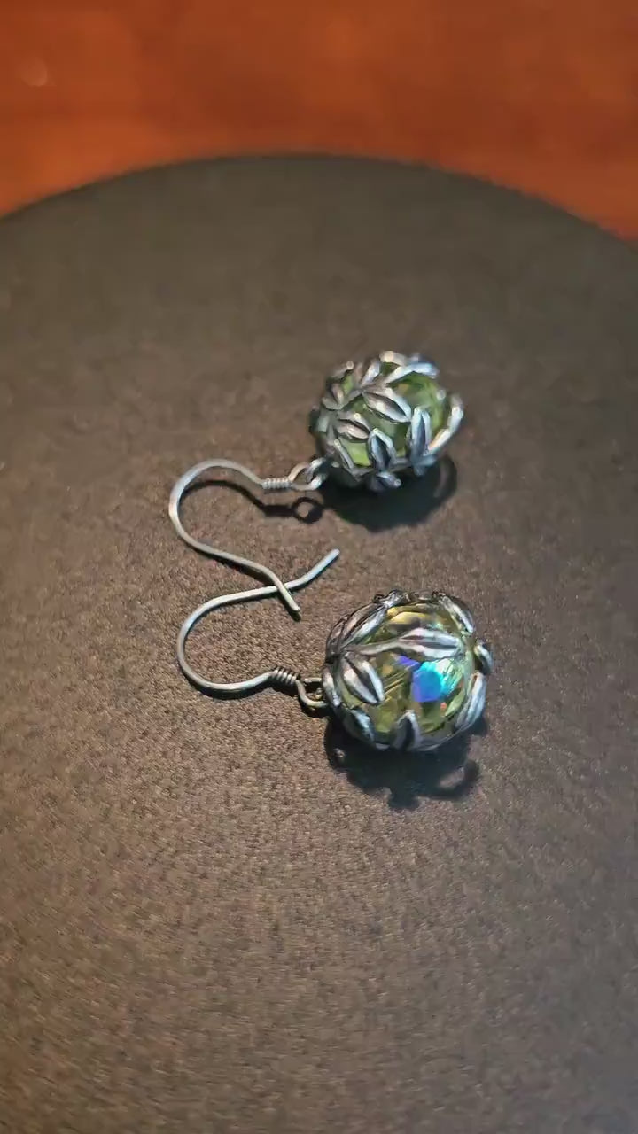 Uranium Glass Earrings new Sterling Silver with large vintage round cut Yellow or Green Uranium Glass beads that glow under black / UV light