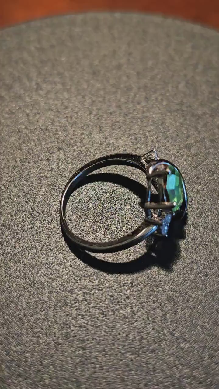 Uranium Glass Oval cut Ring size 7 new Sterling Silver with two vintage 8x6mm Uranium glass stones that glow under black / UV light