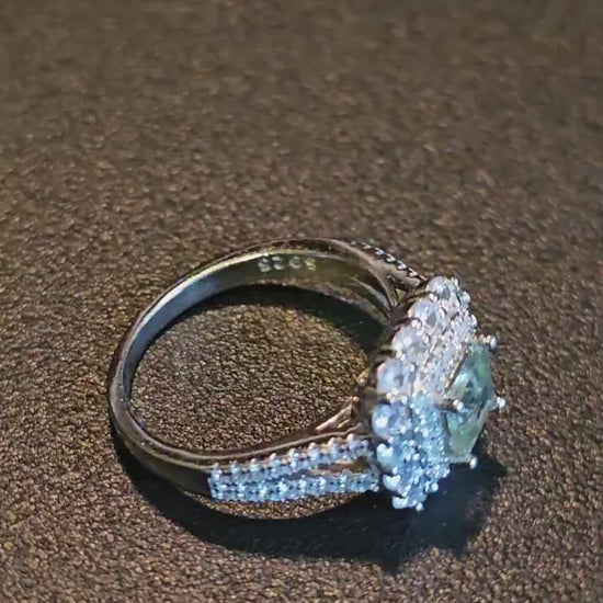 Uranium Glass Ring Princess cut size 7 Halo style new Sterling Silver with a vintage Uranium glass stone that glows under black / UV light