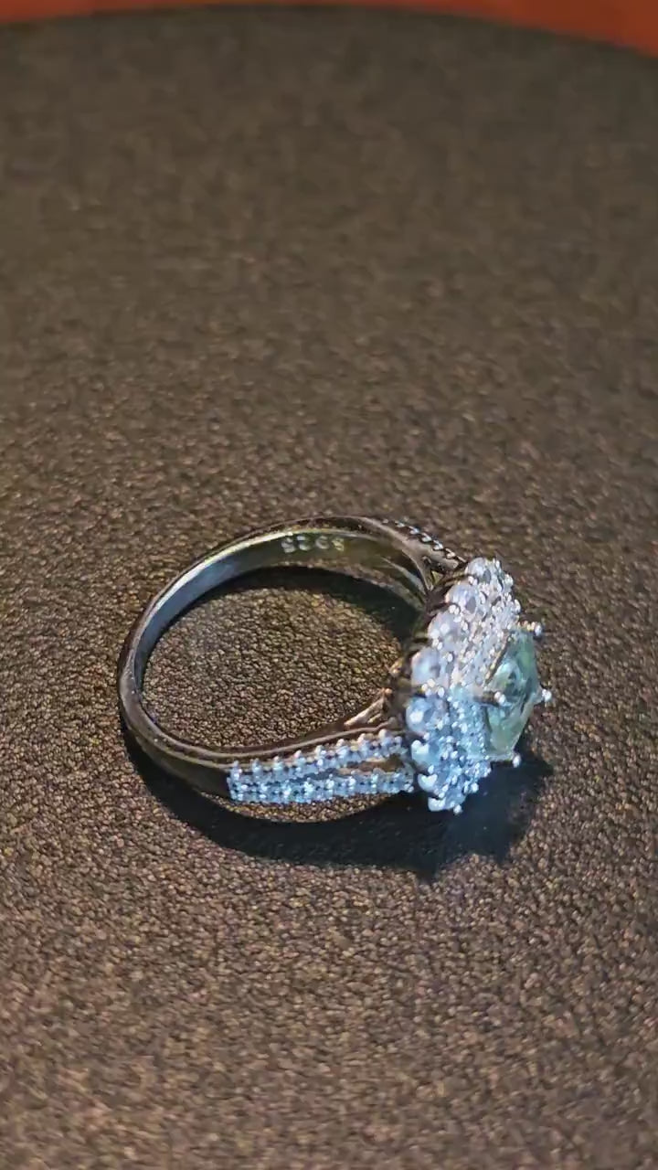 Uranium Glass Ring Princess cut size 7 Halo style new Sterling Silver with a vintage Uranium glass stone that glows under black / UV light