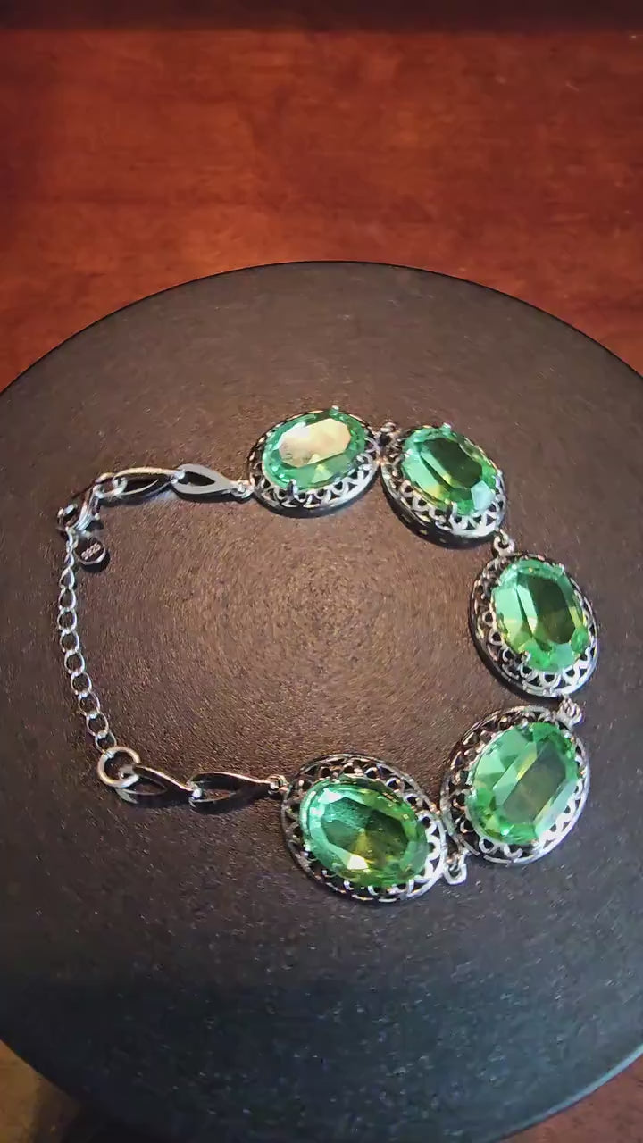 Uranium Glass Bracelet new Sterling Silver with five vintage Uranium glass Oval cut stones a large 14x10mm that glows under black / UV light