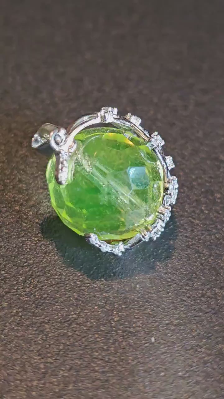 Uranium Glass Pendant in new Sterling Silver with a huge Czechoslovakian 16 mm round Uranium Glass bead that glows under black / UV light