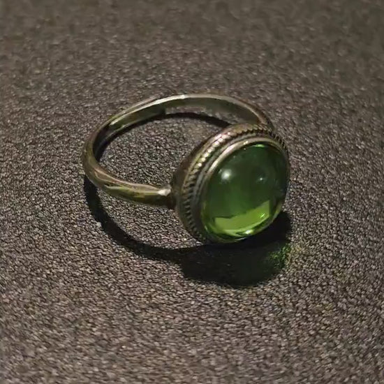 Uranium Glass Adjustable Ring  new Sterling Silver with vintage Cabochon cut Round top Uranium glass stone that glows under black / UV light