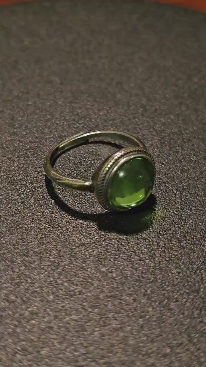 Uranium Glass Adjustable Ring  new Sterling Silver with vintage Cabochon cut Round top Uranium glass stone that glows under black / UV light