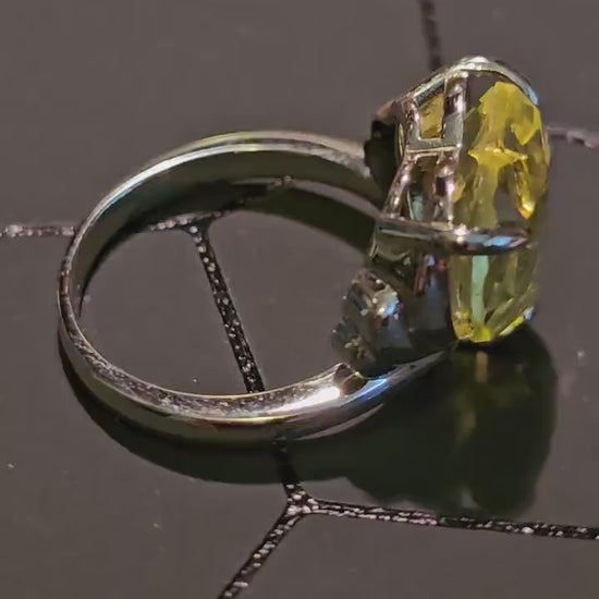 Uranium Glass Heart cut Ring size 7, 9.5. New Sterling Silver with vintage 15 mm Yellow Uranium glass stone that glows under black/UV light