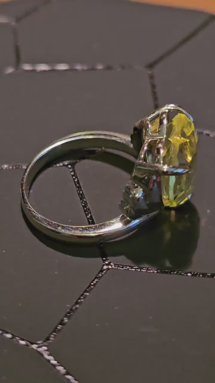 Uranium Glass Heart cut Ring size 7, 9.5. New Sterling Silver with vintage 15 mm Yellow Uranium glass stone that glows under black/UV light