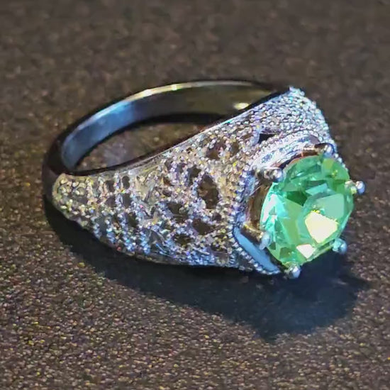 Uranium Glass Round cut Ring size 7 filigree in new Sterling Silver with 8 mm Uranium glass stone that glows under black / UV light