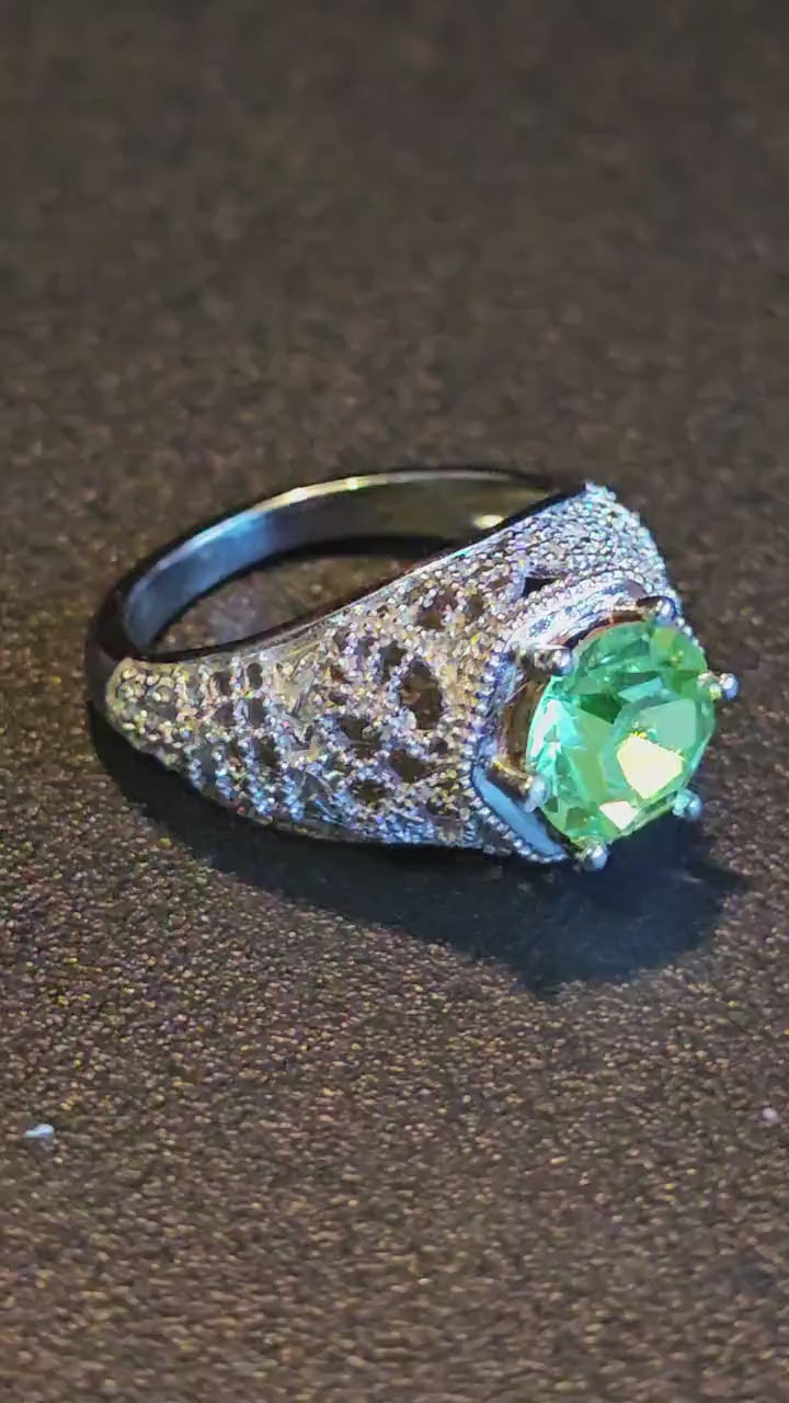 Uranium Glass Round cut Ring size 7 filigree in new Sterling Silver with 8 mm Uranium glass stone that glows under black / UV light