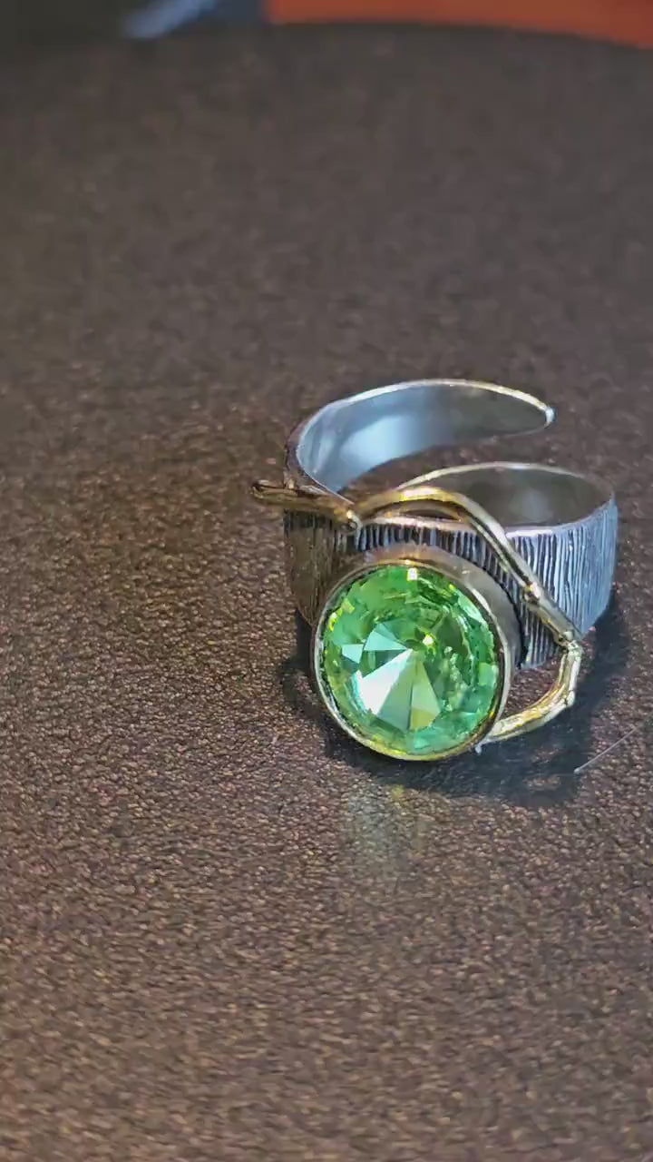 Uranium Glass Men's Ring Adjustable size with a 12x10 mm vintage Uranium glass Oval cut stone that glows under black / UV light