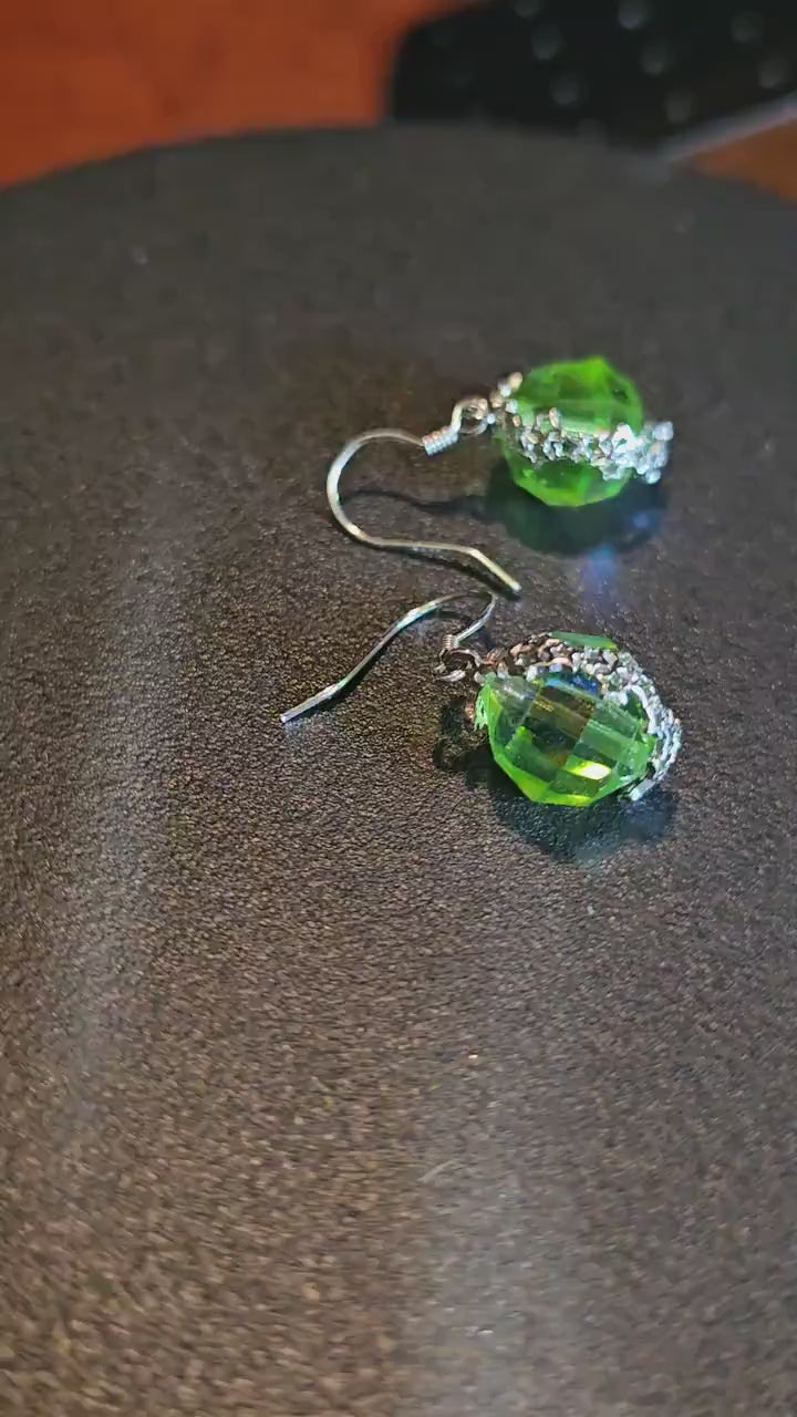Uranium Glass Earrings with  large vintage 12mm round cut Uranium Glass beads in new Sterling Silver that glow under black / UV light