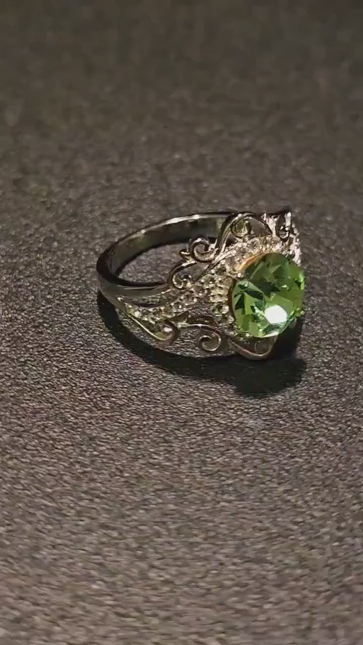 Uranium Glass Round cut Ring in size 6.5,  7 & 7.5 new Sterling Silver with  a vintage Uranium glass stone that glows under black / UV light