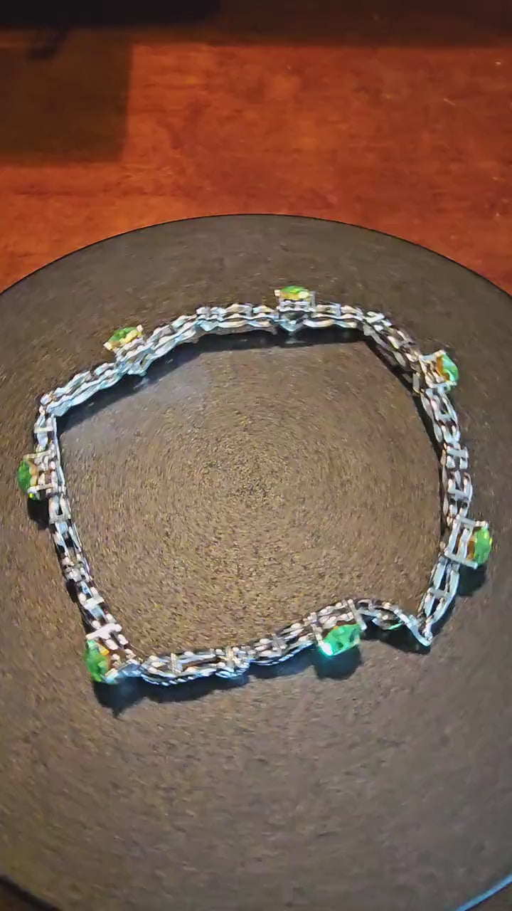 Uranium Glass Bracelet new Sterling Silver with 7 vintage Uranium glass Heart cut 6x6.5 mm stones that glow under black / UV light