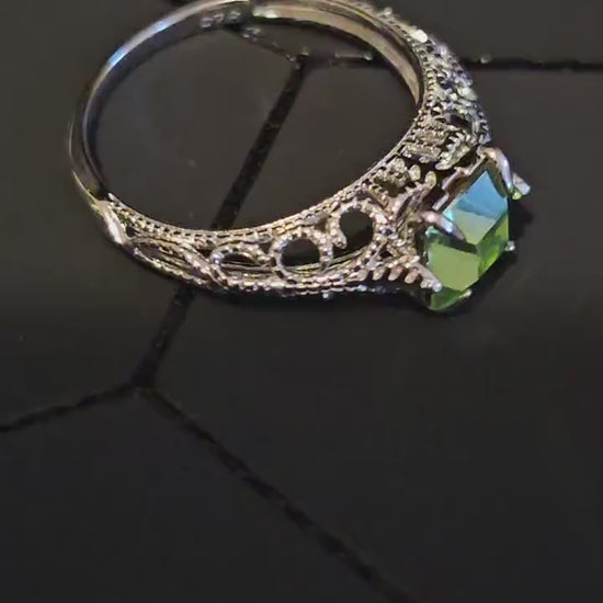 Uranium Glass Princess cut Art Deco Ring  size 4 to 10.5 in new Sterling Silver with Uranium glass stone that glows under black / UV light
