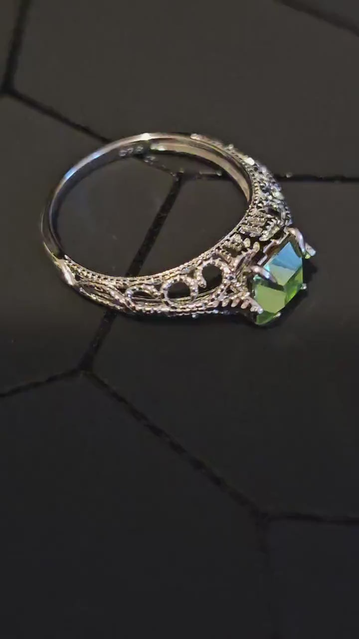 Uranium Glass Princess cut Art Deco Ring  size 4 to 10.5 in new Sterling Silver with Uranium glass stone that glows under black / UV light