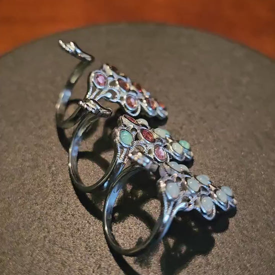 Uranium Glass Peacock Ring adjustable new Sterling Silver vintage Uranium glass round cut stones that glow under black / UV light