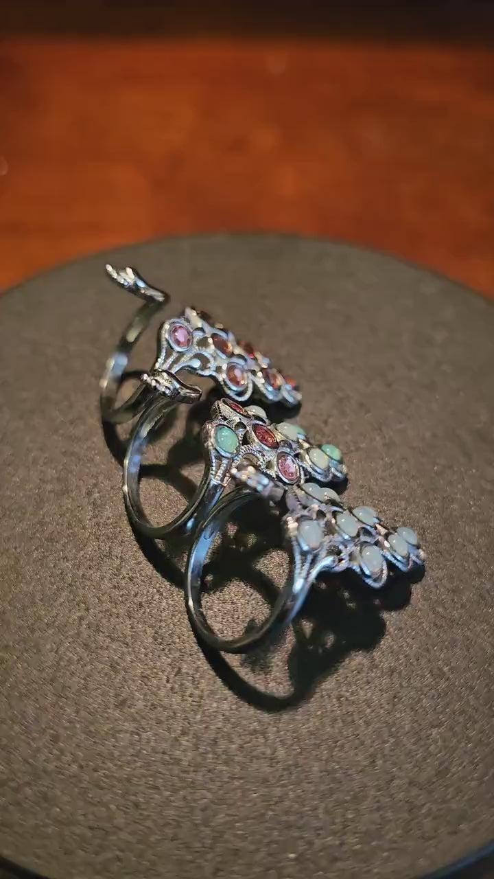 Uranium Glass Peacock Ring adjustable new Sterling Silver vintage Uranium glass round cut stones that glow under black / UV light