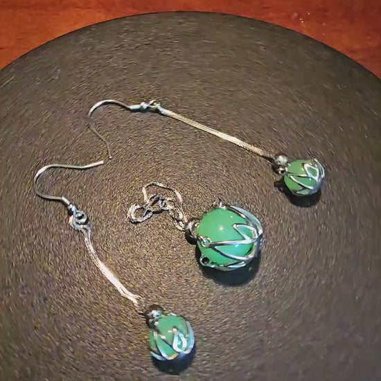 Uranium Glass Pendant and Earrings in new Sterling Silver dangle style with  vintage Uranium Glass beads that glow under black / UV light
