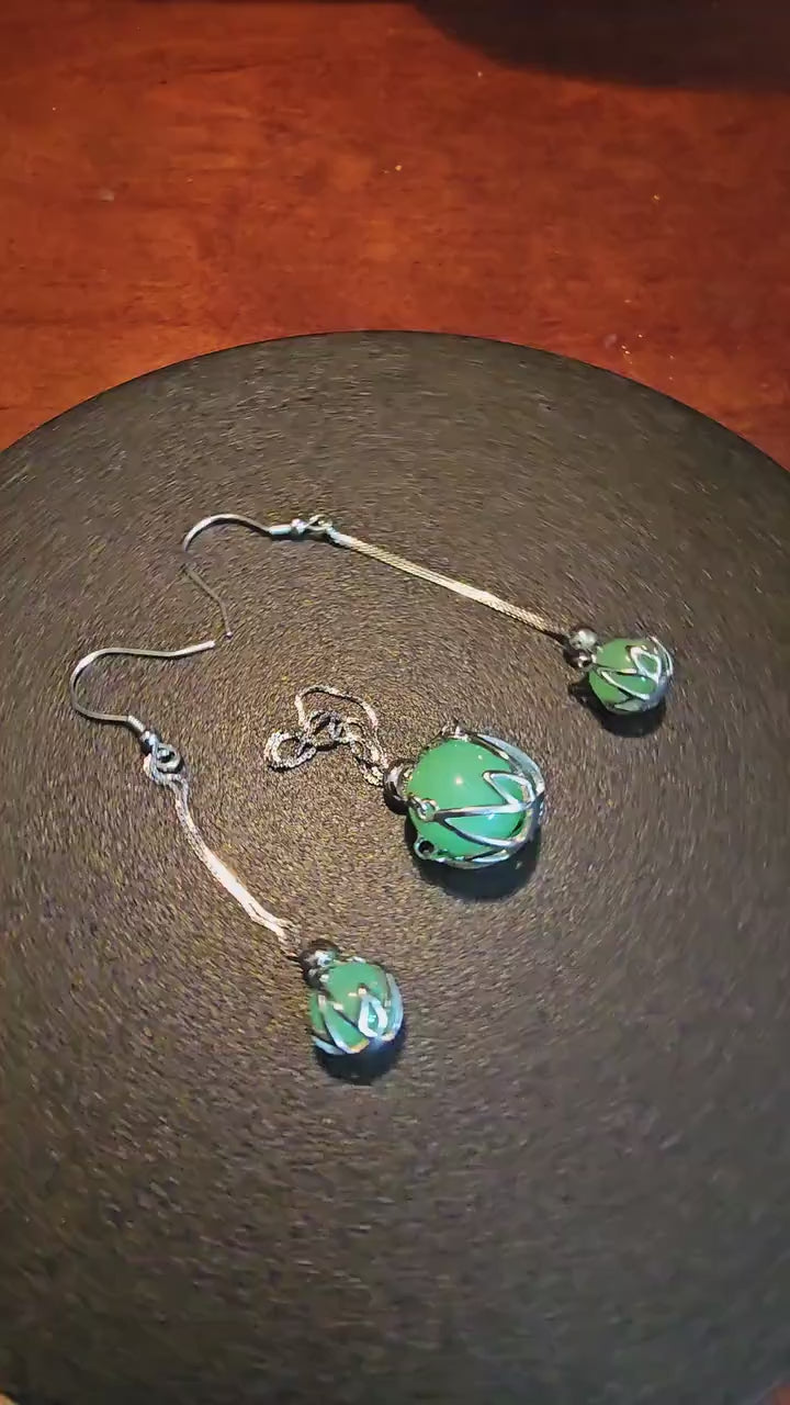Uranium Glass Pendant and Earrings in new Sterling Silver dangle style with  vintage Uranium Glass beads that glow under black / UV light