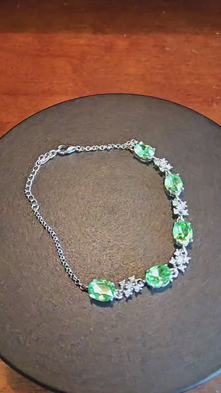 Uranium Glass Bracelet new Sterling Silver with five vintage 8x6 mm Uranium glass Oval cut stones that glows under black / UV light