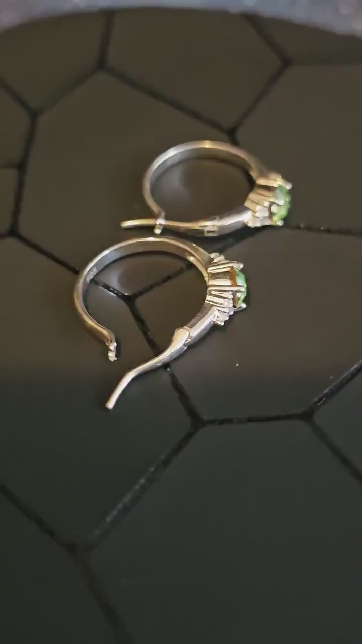 Uranium Glass Earrings in new Sterling Silver Leverback hoop style with Vintage 5 mm RD Uranium Glass stones, that glow under black/UV light