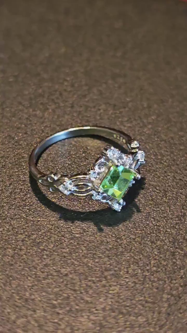 Uranium Glass Princess cut Ring size 5 to 12 new Sterling Silver with a vintage 6 mm Uranium glass stone that glows under black/UV light