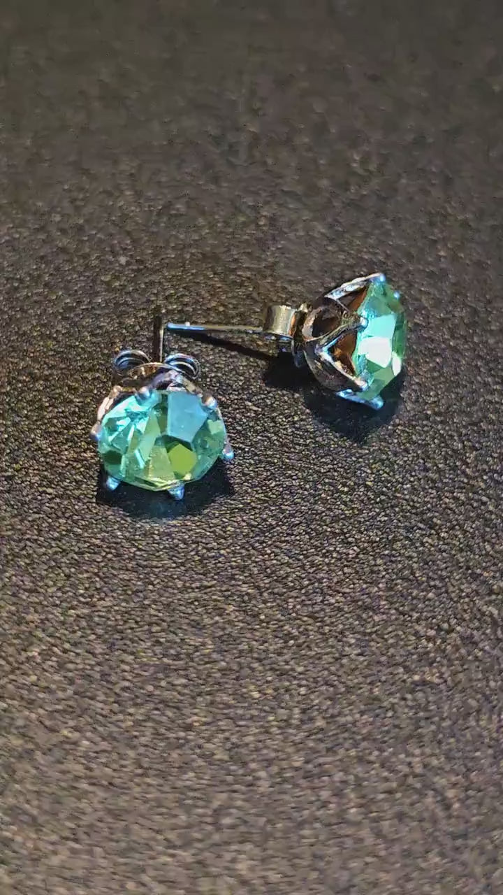 Uranium Glass Earrings in new Lotus style Sterling Silver with Vintage 8 mm round cut Uranium Glass stones, that glow under black/UV light
