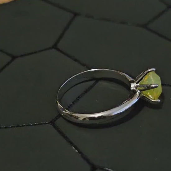 Uranium Glass Round cut Solitaire Ring size 8 in new Sterling Silver with a Yellow 8mm Uranium glass stone that glows under black/UV light