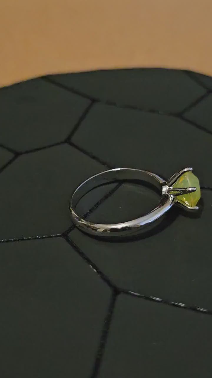 Uranium Glass Round cut Solitaire Ring size 8 in new Sterling Silver with a Yellow 8mm Uranium glass stone that glows under black/UV light