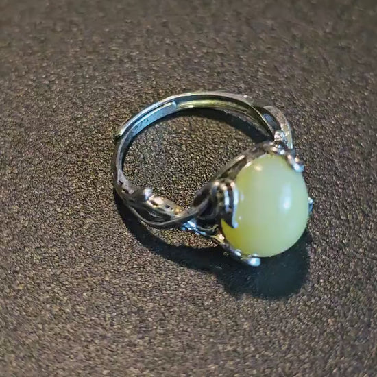 Uranium Glass Adjustable Ring  in new Sterling Silver with large 12x10 mm vintage Uranium glass Oval Moonstone glows under black / UV light