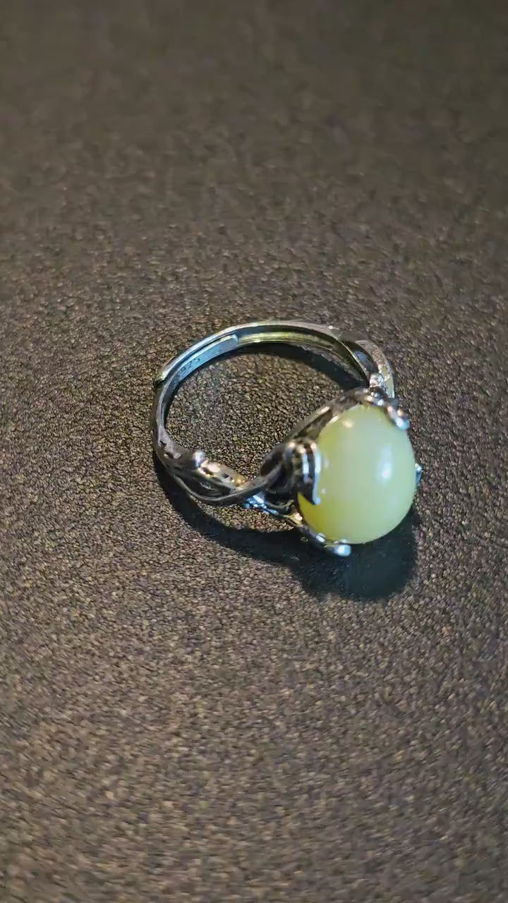 Uranium Glass Adjustable Ring  in new Sterling Silver with large 12x10 mm vintage Uranium glass Oval Moonstone glows under black / UV light
