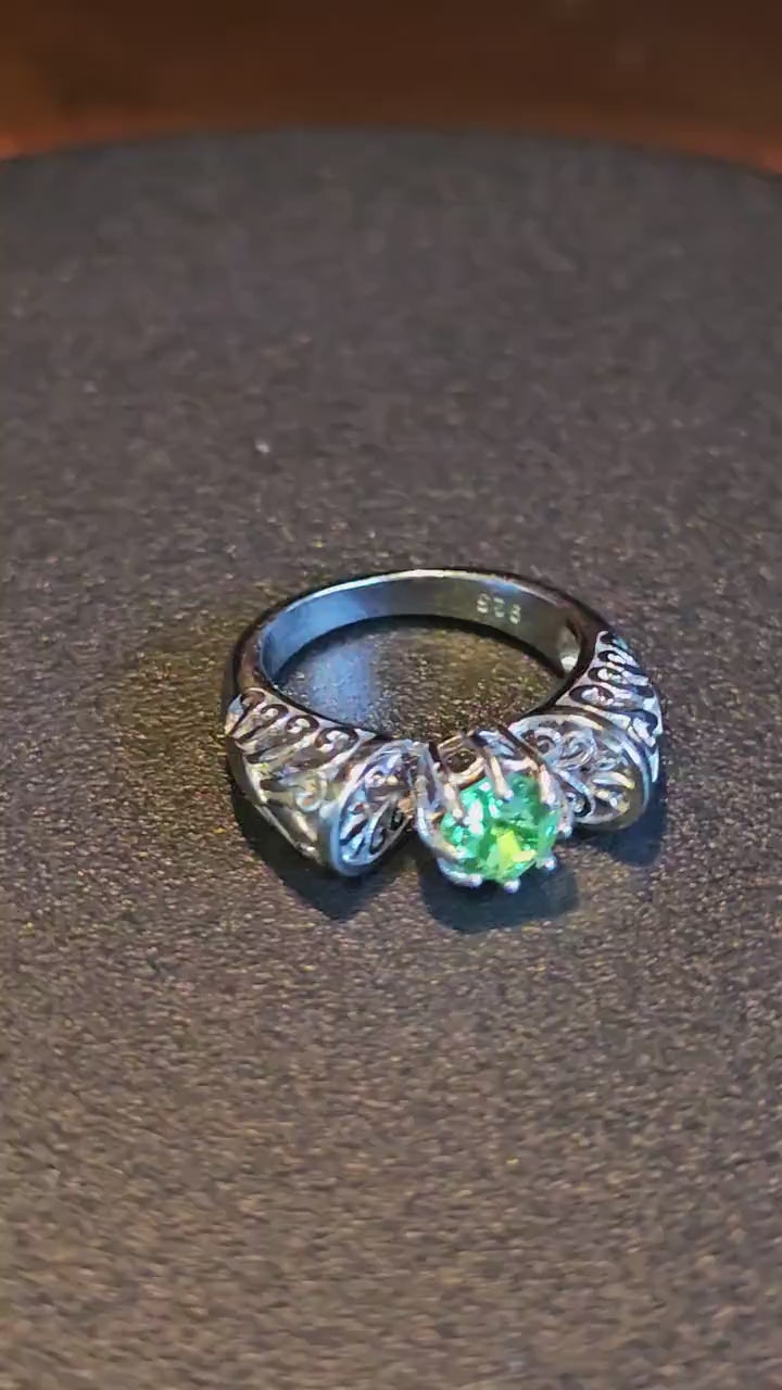 Uranium Glass Round cut Ring vintage style size 7 in new Sterling Silver with a  Uranium glass stone that glows under black / UV light