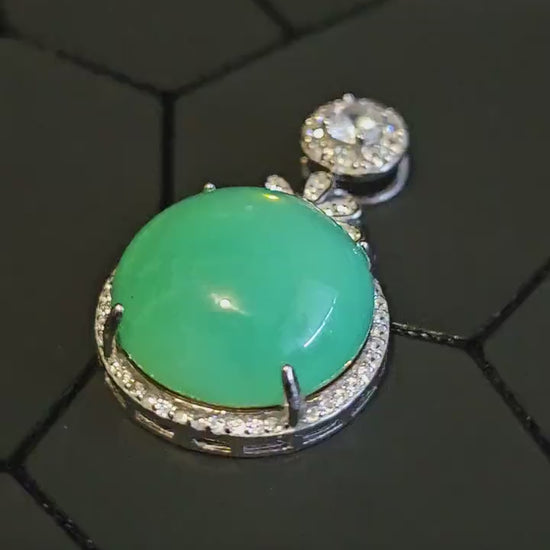 Uranium Glass Pendant new Sterling Silver with  large vintage 18 mm cabachon round cut Uranium Glass stone that glows under black / UV light
