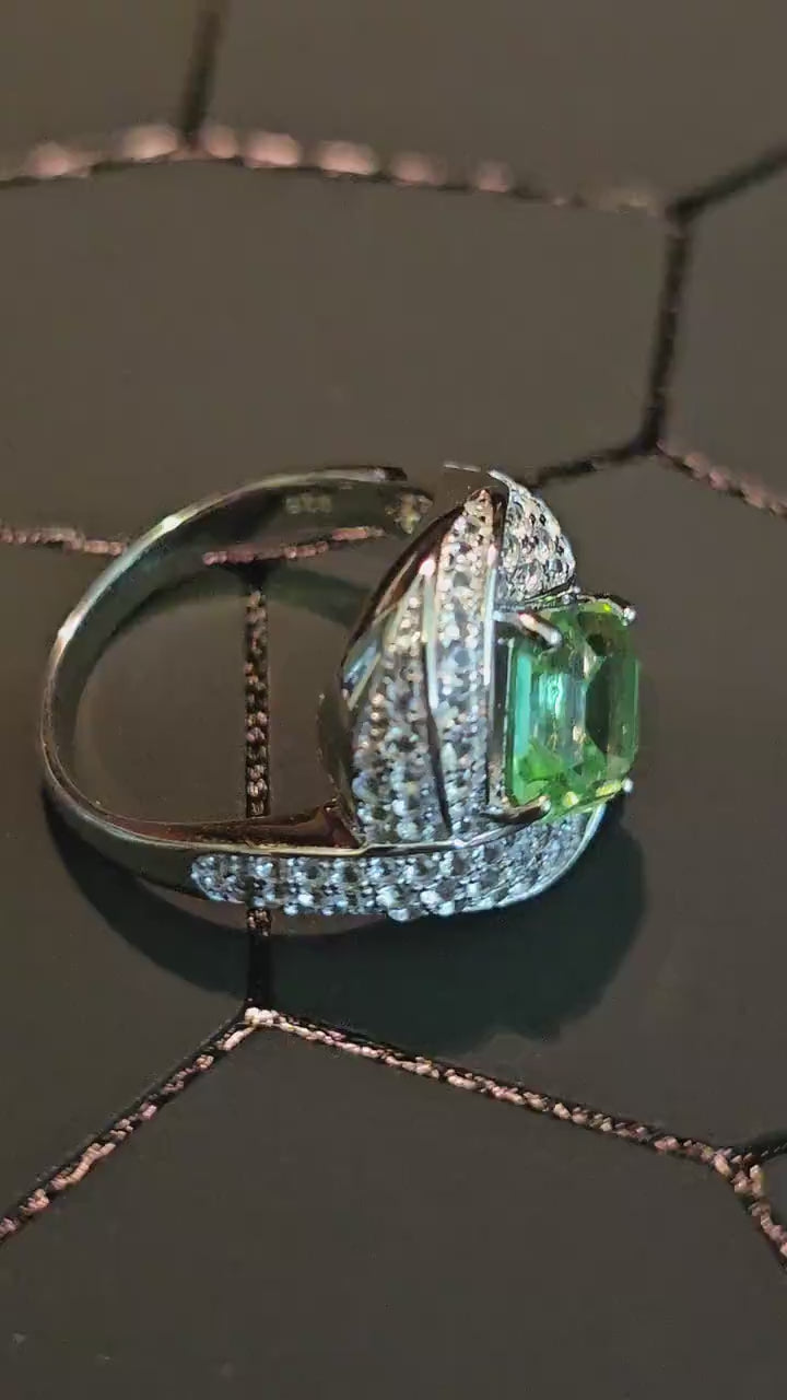 Uranium Glass Asscher cut Ring size 7.5 new Sterling Silver large vintage Uranium glass Square stone that glows under black / UV light