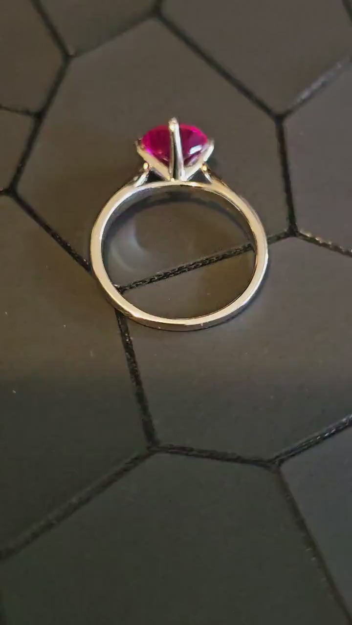 Lab grown Ruby Round cut Solitaire Ring size 7 in new Sterling Silver  with  8mm lab grown Ruby stone that glows under black/UV light