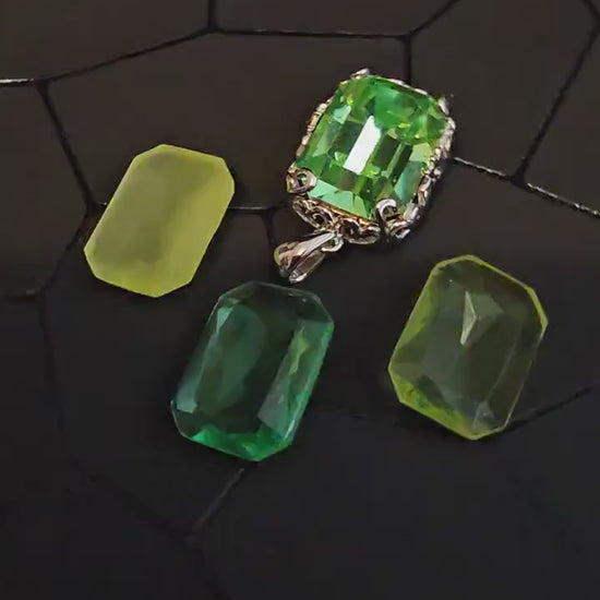 Uranium Glass Pendant Art Deco new Sterling Silver with a large vintage Emerald cut 18x13 mm Uranium Glass stone glows under black/UV light