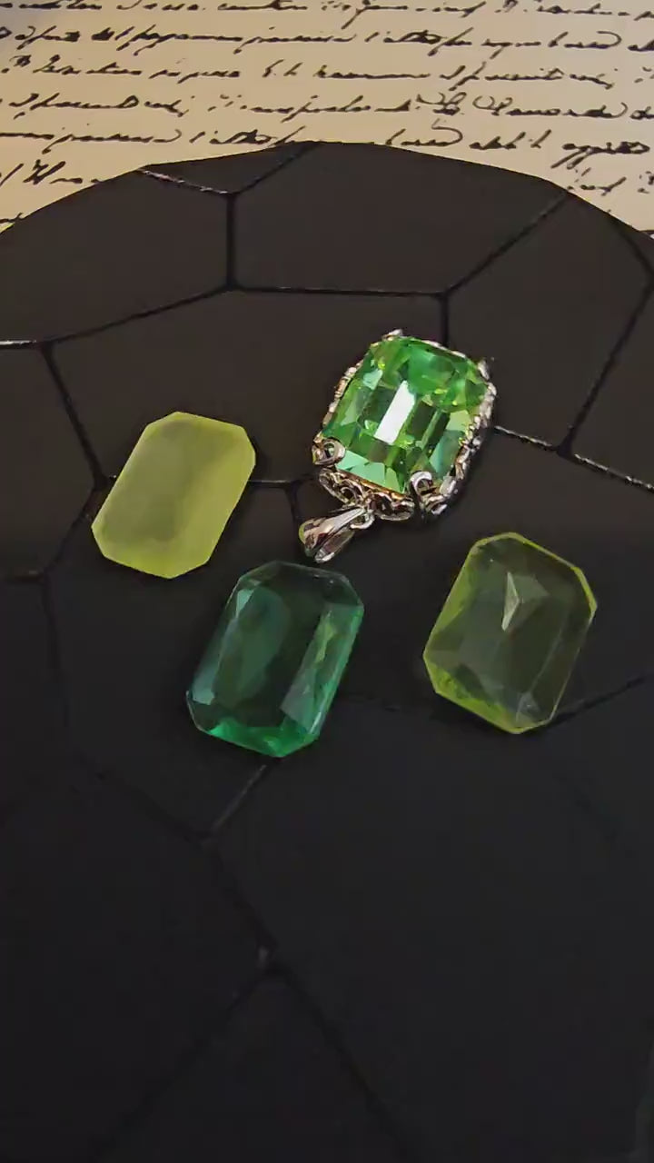 Uranium Glass Pendant Art Deco new Sterling Silver with a large vintage Emerald cut 18x13 mm Uranium Glass stone glows under black/UV light